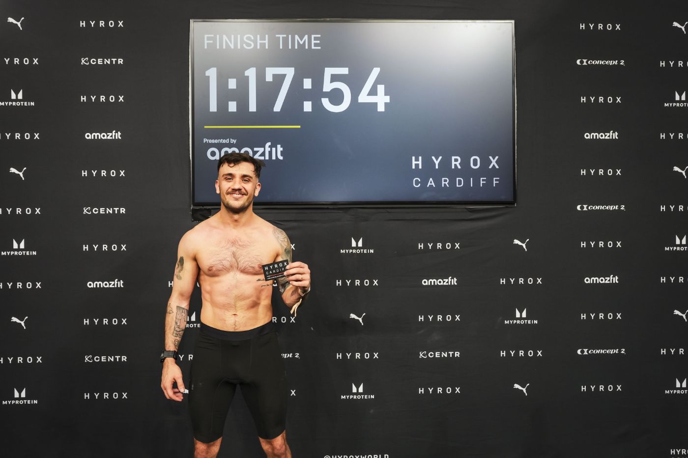 Reece at the HYROX Cardiff finish after a well-paced 1:17:54